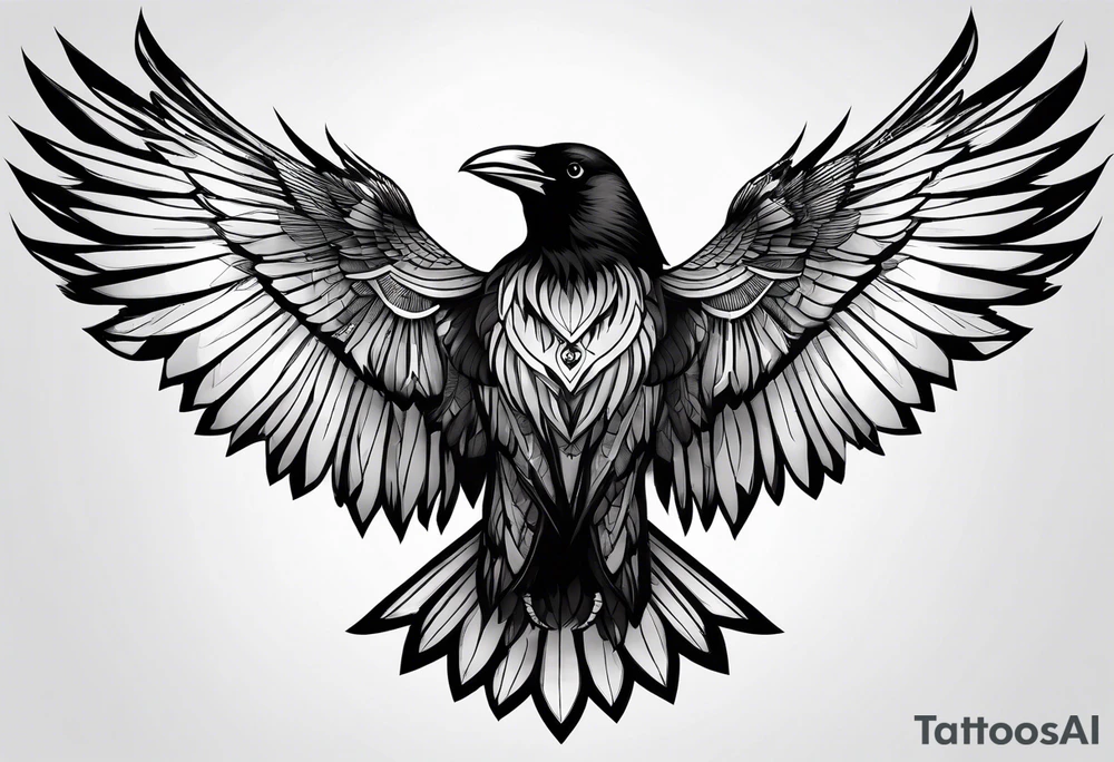 crow with open wings, line drawing, geometric, symmetrical, without background, tattoo idea