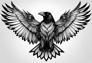 crow with open wings, line drawing, geometric, symmetrical, without background, tattoo idea