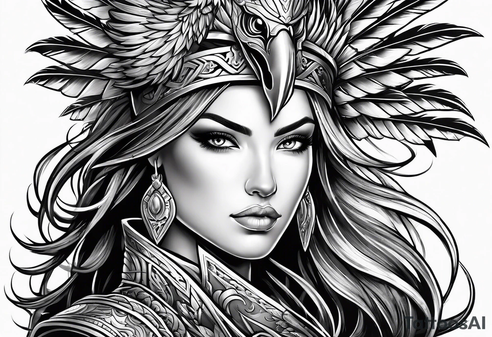 female warrior with phoenix and weapons tattoo idea