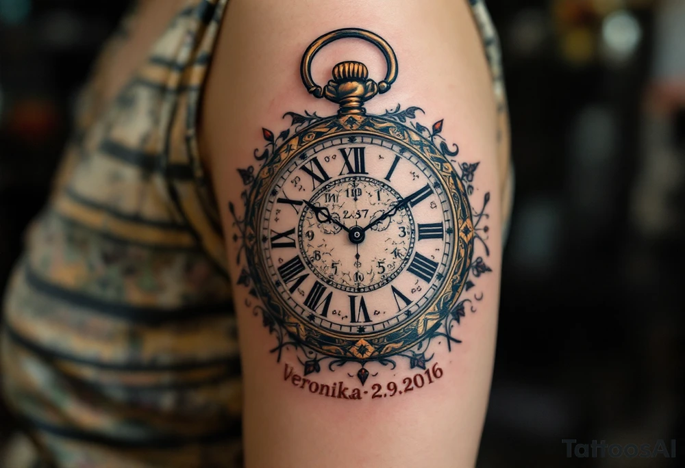 Ornate pocket watch tattoo showing 13:37 and bigger letters "Veronika – 2.9.2016" in warm sepia tones. tattoo idea