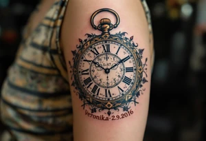 Ornate pocket watch tattoo showing 13:37 and bigger letters "Veronika – 2.9.2016" in warm sepia tones. tattoo idea