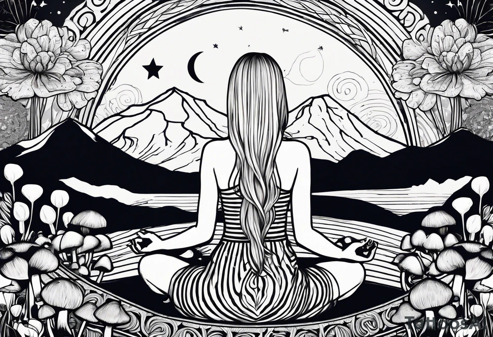 Straight blonde hair girl meditating facing away toward mountains surrounded by mushrooms crescent moon mandala circular design black and white striped dress tattoo idea