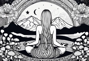 Straight blonde hair girl meditating facing away toward mountains surrounded by mushrooms crescent moon mandala circular design black and white striped dress tattoo idea