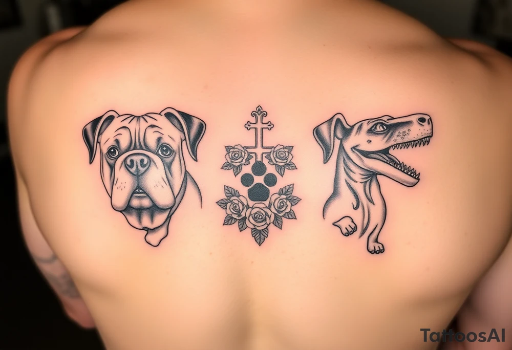 2 bulldogs with 2 dachunds with a paw print, a cross with roses, and a dinosaur tattoo idea