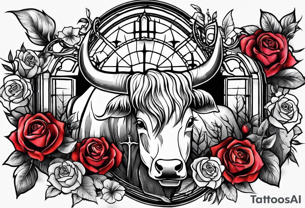 Tattoo thigh peice with Roses and flowers With nursing and hunting and cows and bulls and fishing and love and church. tattoo idea