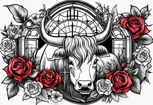 Tattoo thigh peice with Roses and flowers With nursing and hunting and cows and bulls and fishing and love and church. tattoo idea