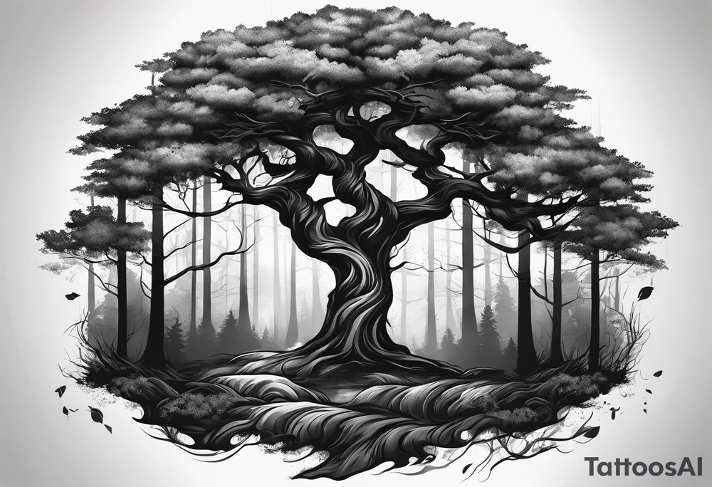 realistic black and gray forest tattoo idea
