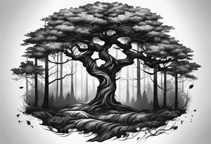 realistic black and gray forest tattoo idea