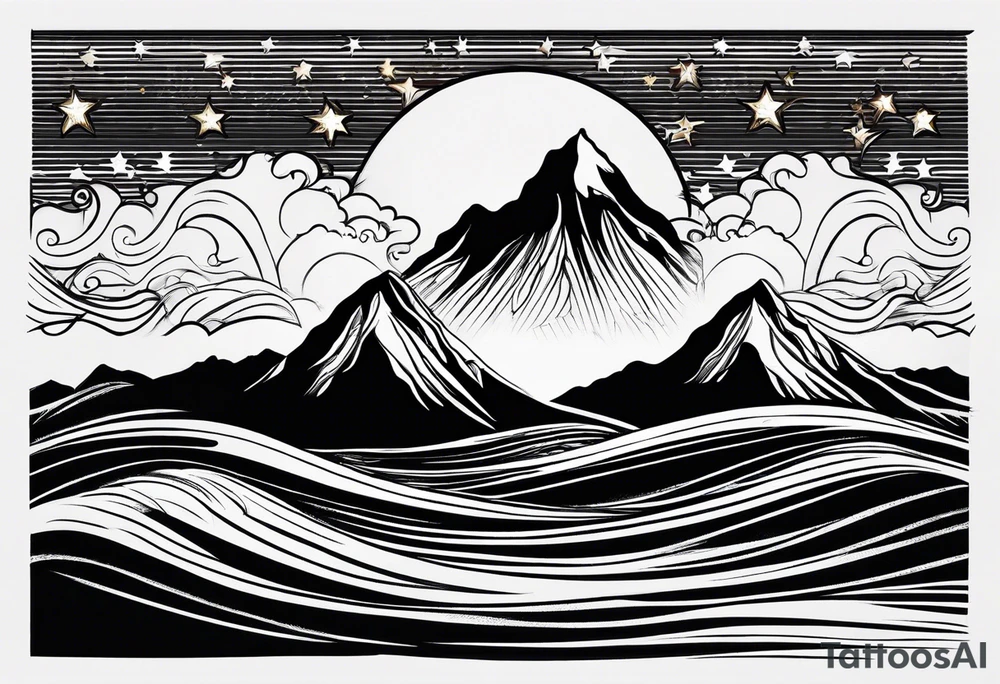 Mountain Peak, waves, two littel coloured stars tattoo idea