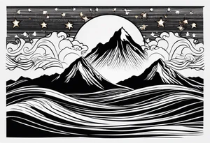 Mountain Peak, waves, two littel coloured stars tattoo idea