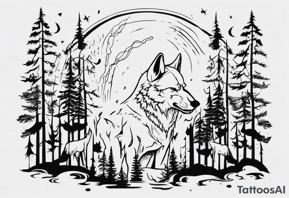 thunderstorm over a forest with a wolf howling on drums tattoo idea thunderstorm over a forest with a wolf howling on drums tattoo idea