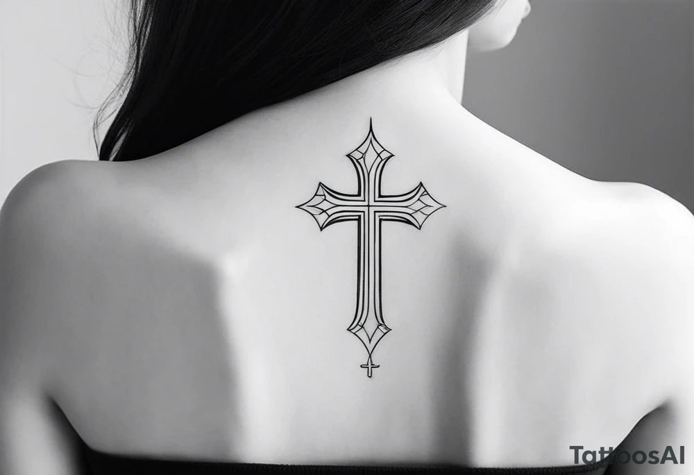 Minimalist Tattoo: A refined cross with a soft halo on top of it, symbolizing light and spirituality. Delicate rays extend outward from the halo, adding a subtle glow and depth. The cross itself is simple and elegant, with potential for small, intricate line details within the design. Style: Minimalist. tattoo idea