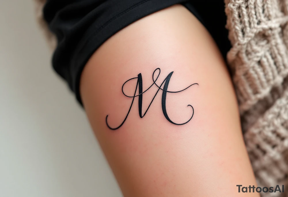 A ribbon-shaped "M" in soft blush pink, wrapping around the skin gently. tattoo idea