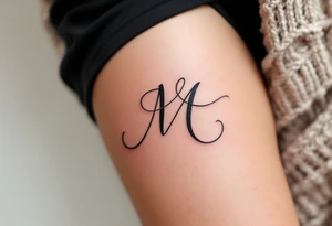A ribbon-shaped "M" in soft blush pink, wrapping around the skin gently. tattoo idea