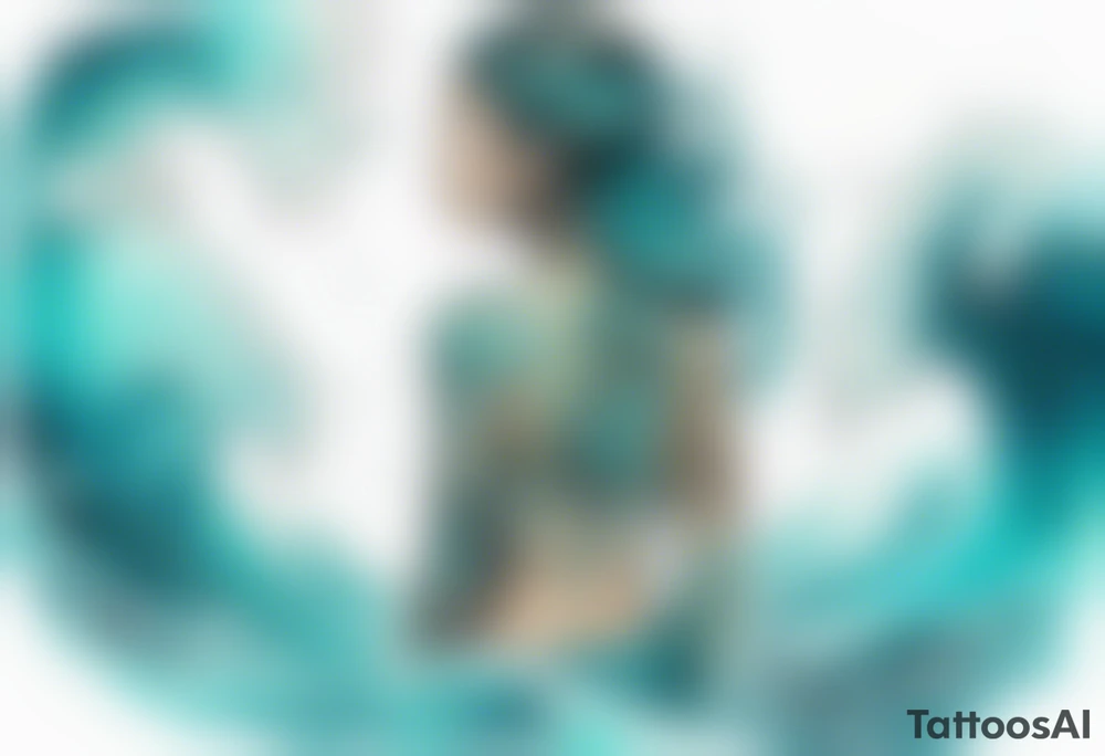 a turquoise Na'vi woman standing in the sea surrounded by crashing waves tattoo idea