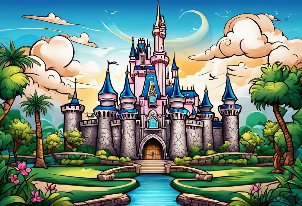 disney world castle with 
mickey mouse holding a knife in one hand and a stick in the other hand with palm trees and the celtic symbol for family tattoo idea