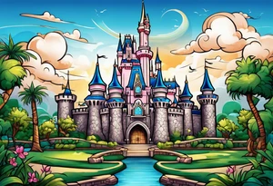 disney world castle with 
mickey mouse holding a knife in one hand and a stick in the other hand with palm trees and the celtic symbol for family tattoo idea