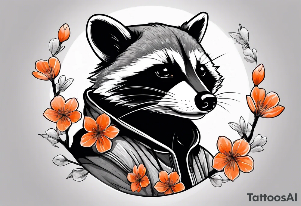 raccoon wearing a black and white Superman hoodie and orange Japanese cherry blossoms tattoo idea