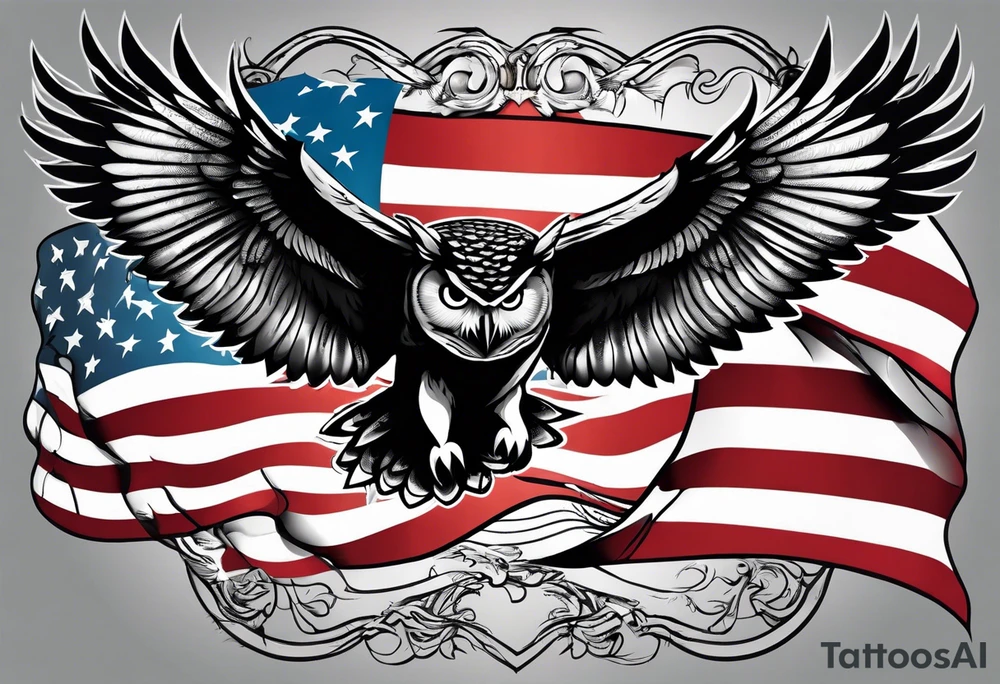 angry owl swooping down with talons holding an american flag tattoo idea