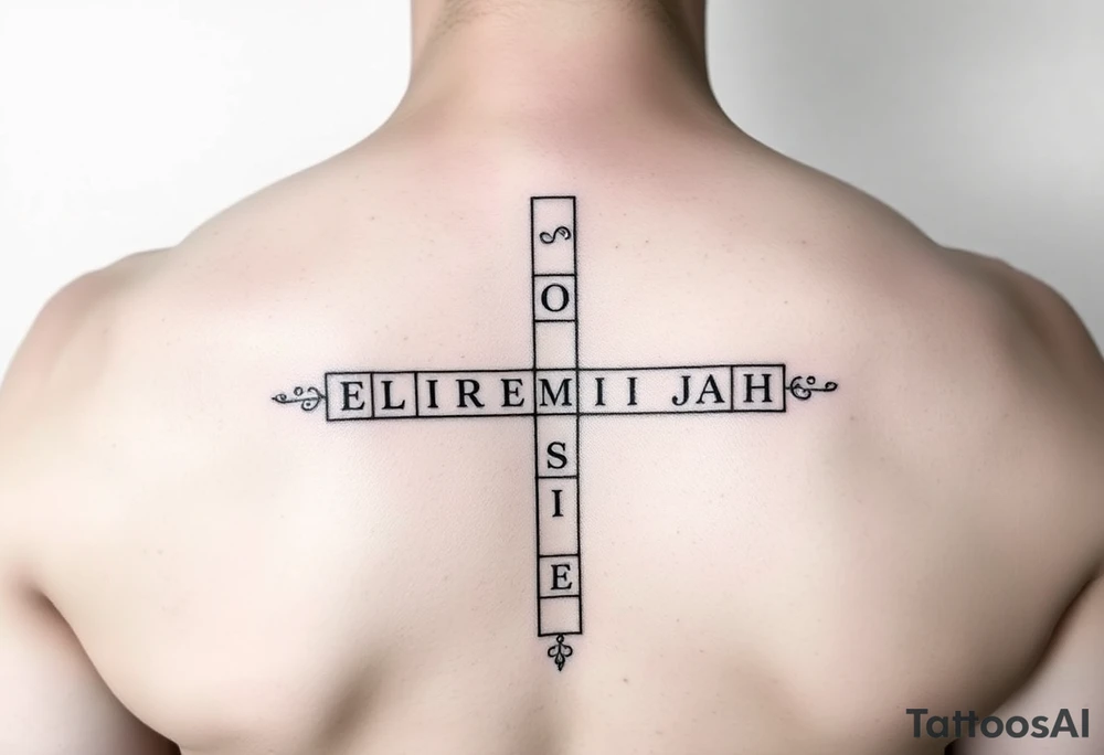 crossword style tattoo with the names 
Sophia, Elijah, Jeremiah, Isaiah, Josiah tattoo idea