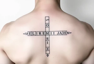 crossword style tattoo with the names 
Sophia, Elijah, Jeremiah, Isaiah, Josiah tattoo idea