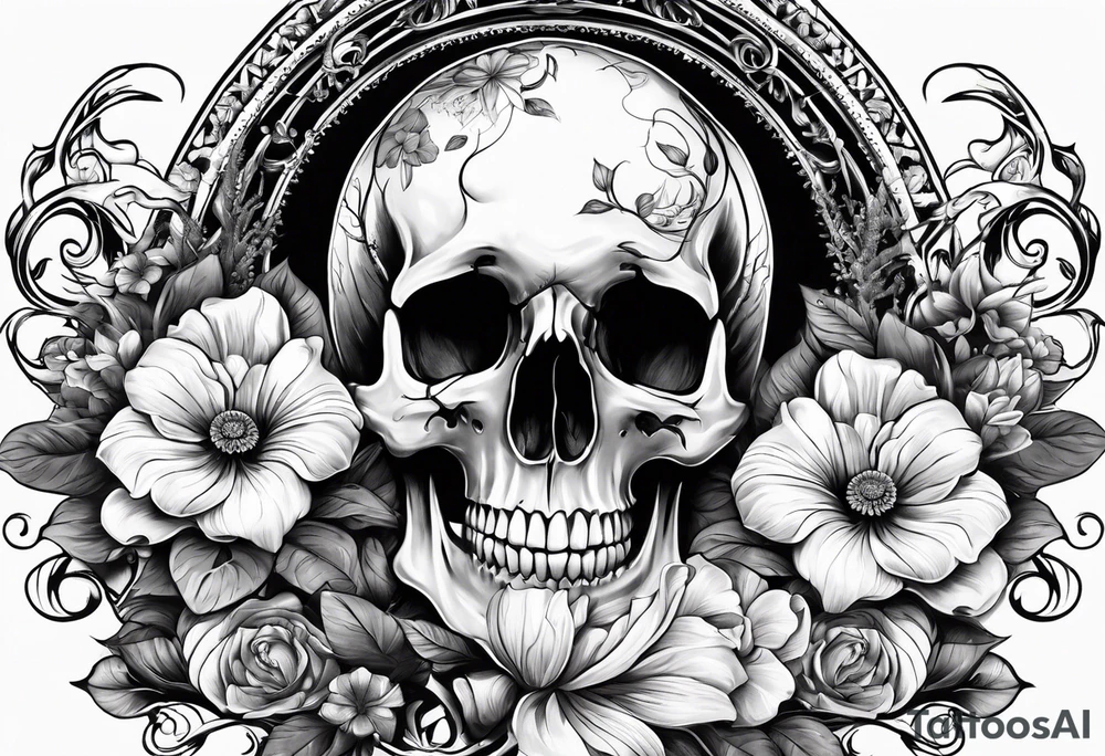 roller coaster track going around human skull, a deer skull, and flowers tattoo idea