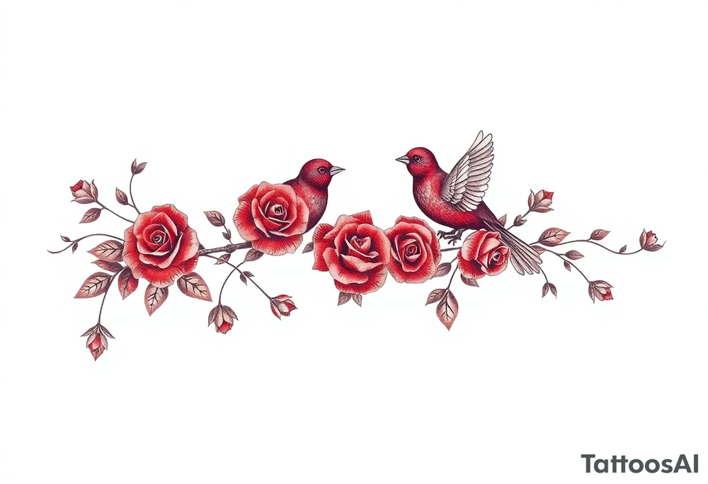 Vintage lace, red roses, red birds, vintage, wrap around, tighter together, no space open tattoo idea