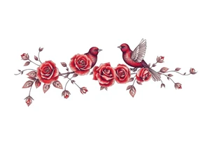 Vintage lace, red roses, red birds, vintage, wrap around, tighter together, no space open tattoo idea