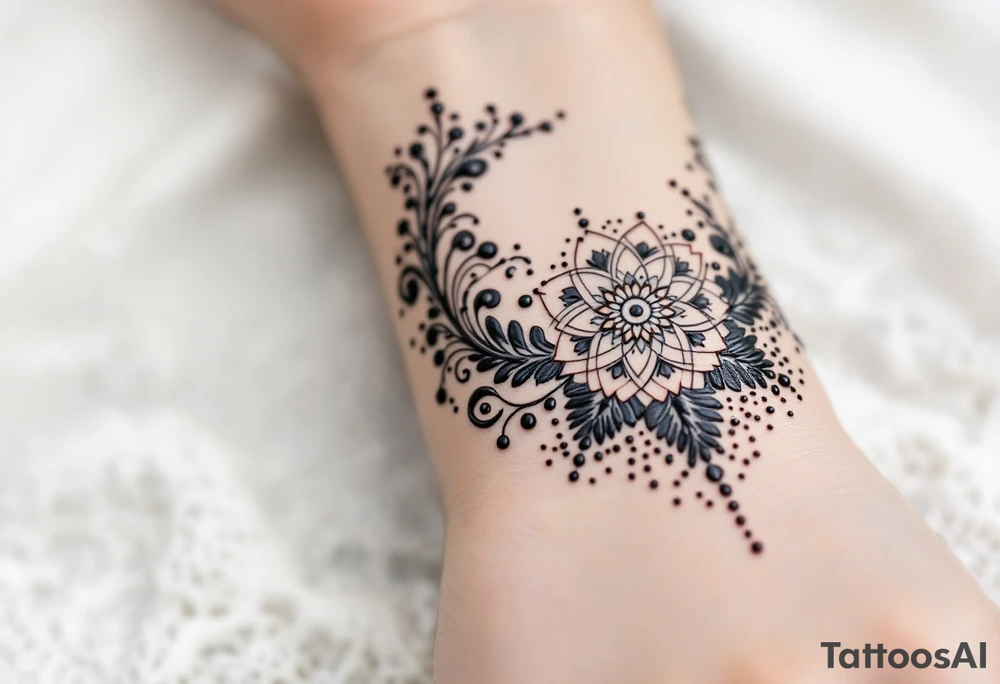 Indian style Henna tattoo for the inner wrist including word pain tattoo idea