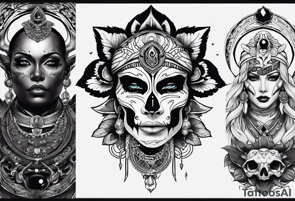 kali ma, alien goddess, valkrye, aries, pirate, divine feminine, zenza resonance, pachamama, lotus azul, blank panther, eagle, skull, 5D, nueva gaya, dna 12 tattoo idea
