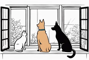 dog and cat looking out tall thin window together tattoo idea