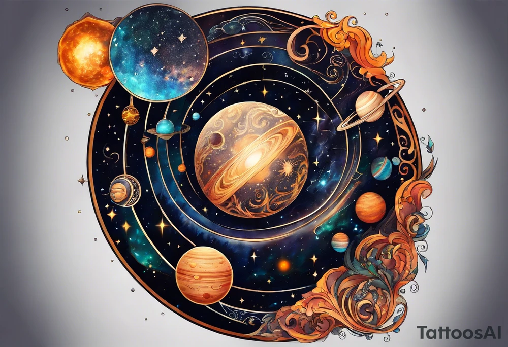A tattoo featuring a cosmic scene with planets, black holes, and supernovae intertwined with intricate linguistic symbols, reflecting the client's interests in cosmology and linguistics. tattoo idea