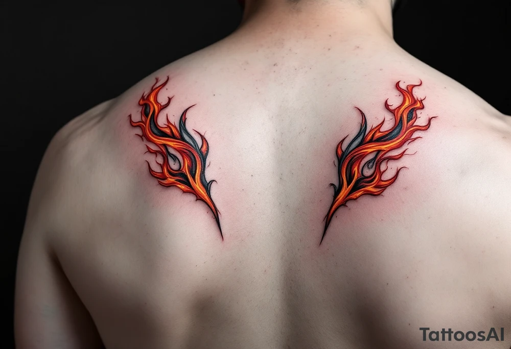 Matching red and orange flame tattoo on each shoulders. tattoo idea