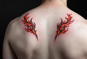 Matching red and orange flame tattoo on each shoulders. tattoo idea