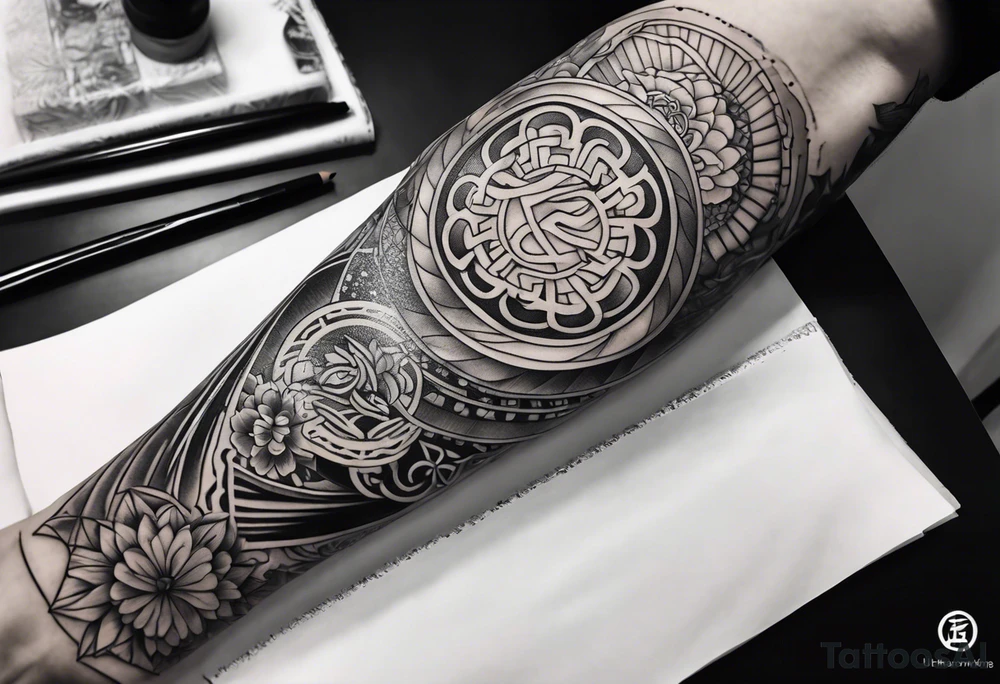 Japanese forearm sleeve stencil tattoo idea