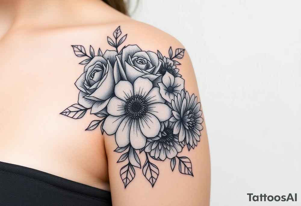 Rose and Chrysanthemum bouquet tattoo tattoo idea