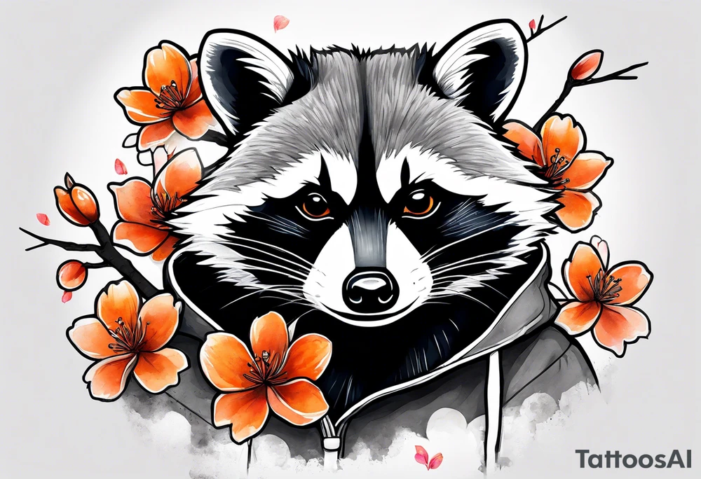 raccoon wearing a black and white Superman hoodie and orange Japanese cherry blossoms tattoo idea