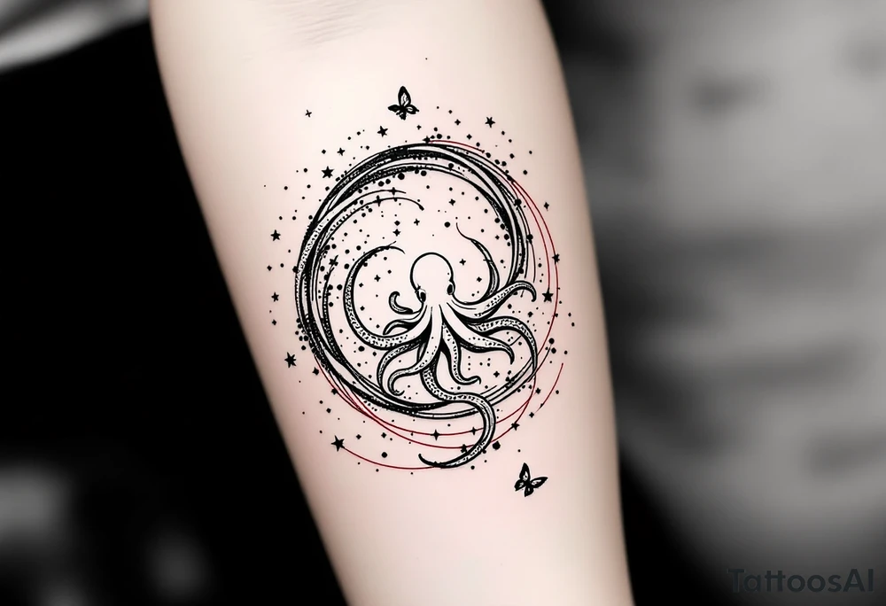 A minimalist dotwork tattoo design in the shape of a spiral galaxy. In the center, a small octopus is subtly integrated into the swirl, with flowing tentacles that extend along the spiral arms. The tentacles transform into elegant, curving lines resembling the flowing tails of koi or betta fish, partially in black ink and partially in fine red lines. Small stars are scattered throughout the galaxy shape, and two delicate butterflies hover near the edges. Style: cosmic abstraction, dotwork, fine line, with elements of Japanese graphic tattoo flow, minimalist, octopus psychedelic dotwork sacred geometry sleeve tattoo idea
