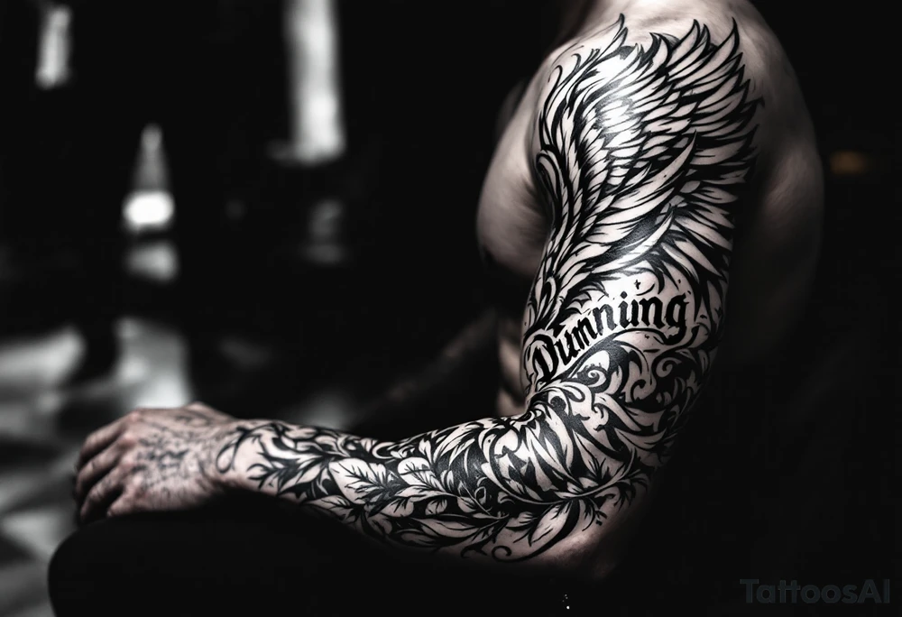 Dunning, details include angel wing, greek type of font,jungle leaves , tiger claw scratch tattoo idea