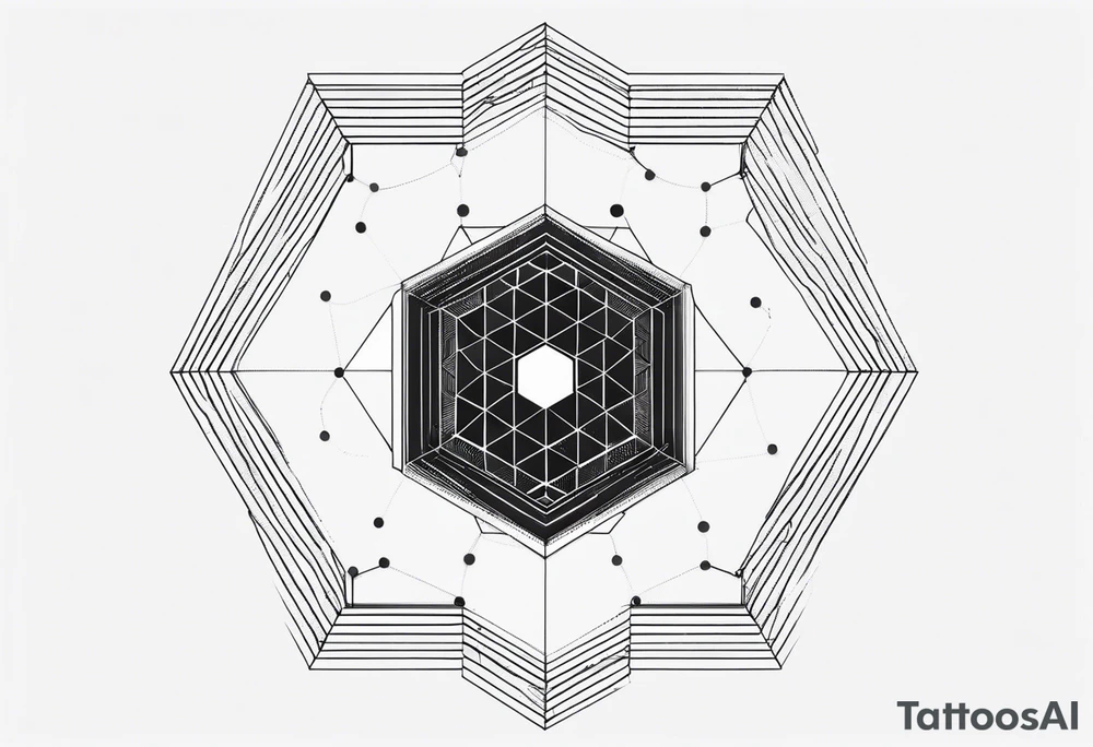 Hexagon shape, Universe inside, line under as a road.  some geometric lines, dots outside hexagon tattoo idea