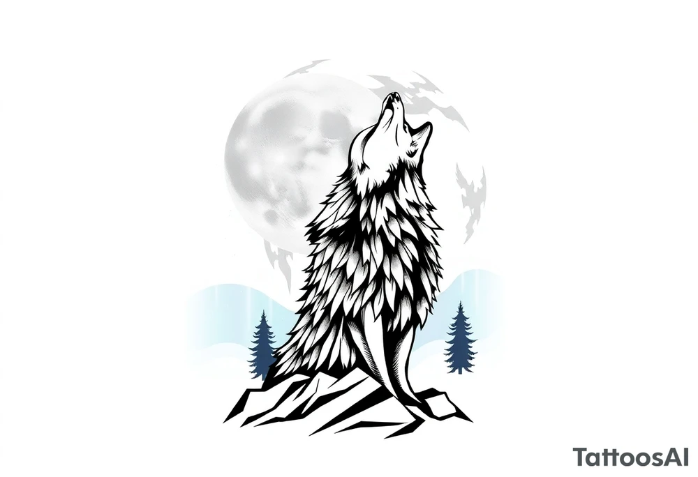 lone wolf howling at full moon with northern lights backdrop tattoo idea