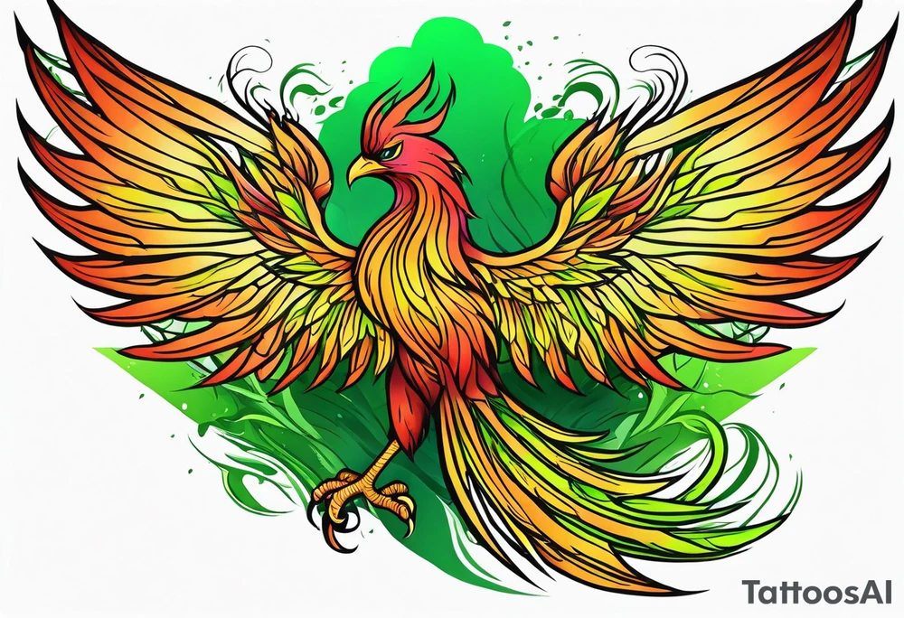 Phoenix Bright colours rising from green flames that destroyed it no green tattoo idea