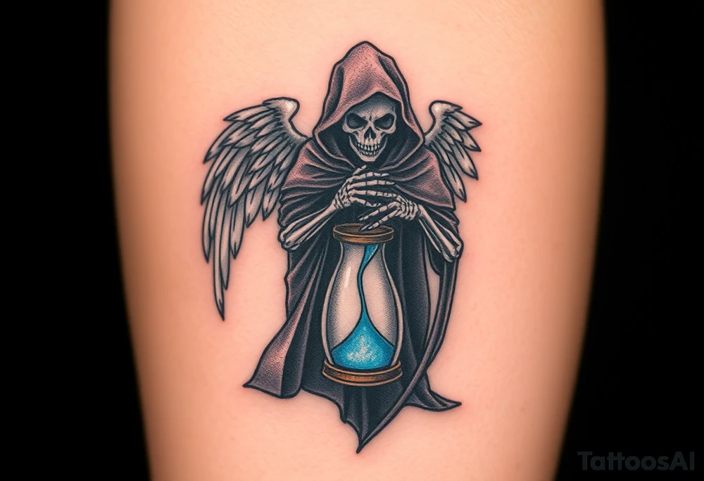 A cloaked angelic skeletal figure holding a broken hourglass, with sand trickling out, the cloak in black and the sand a glowing blue, representing the passage of time. tattoo idea