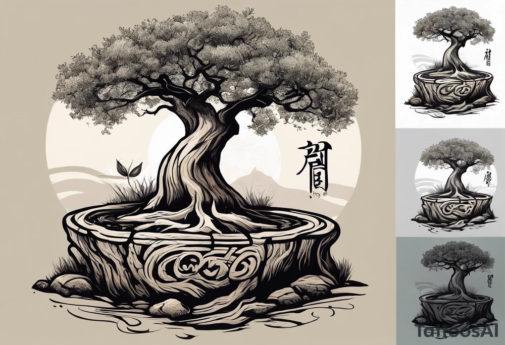 And olive tree with exposed roots, writing out “patience” in Korean, next to a tree stump with exposed rings, and a small Poppy flower growing out of the ground tattoo idea