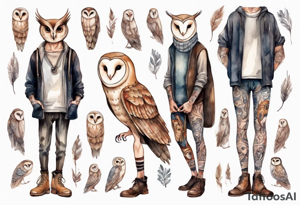 a skinny man with long legs and the head of a barn owl wearing wool leggings and shoes with curled toes tattoo idea
