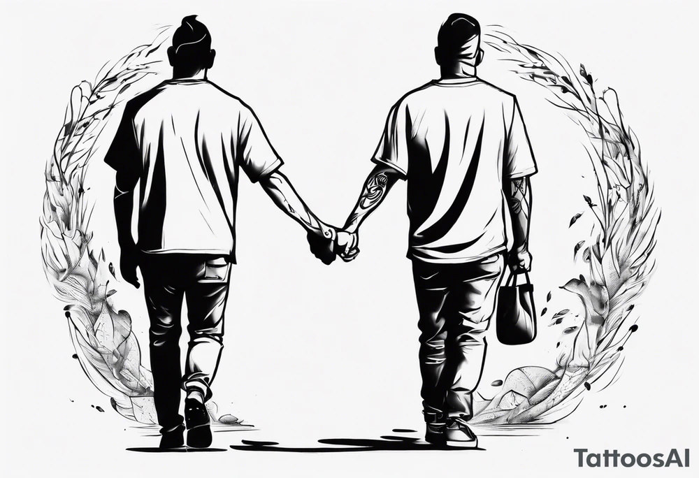 father and son walk away holding hands, just a contour tattoo idea
