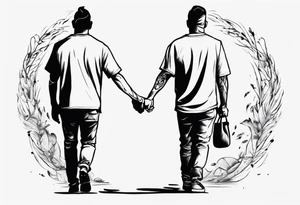 father and son walk away holding hands, just a contour tattoo idea