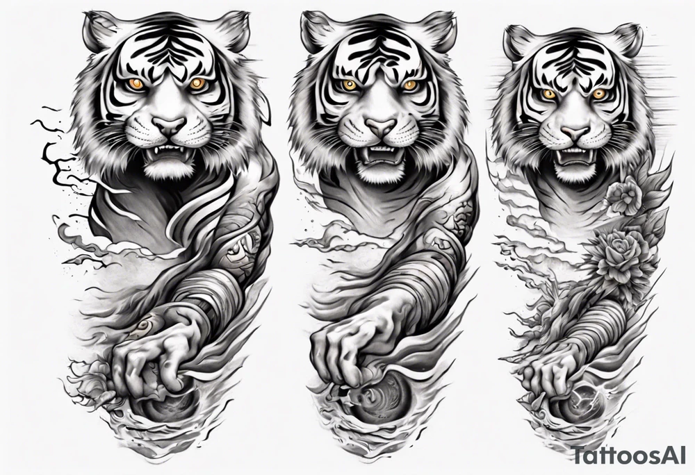 Tiger sleeve tattoo with lightning and the sun
Forearm sleeve tattoo idea