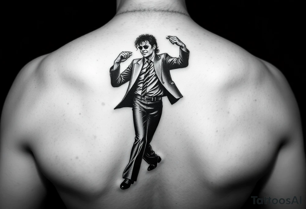 michael jackson tanzt den moonwalk. darunter tanzen mickie und minnie maus. notenzeilen schlängeln sich um alle 3

das motiv soll am bein zu sehen sein tattoo idea