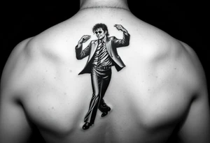 michael jackson tanzt den moonwalk. darunter tanzen mickie und minnie maus. notenzeilen schlängeln sich um alle 3

das motiv soll am bein zu sehen sein tattoo idea